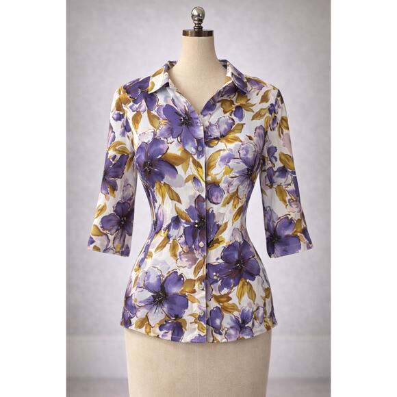 Alia Tops - Alia Petites Women Purple Floral Button-Up Shirt 3/4 Sleeve Summer Casual Top PM